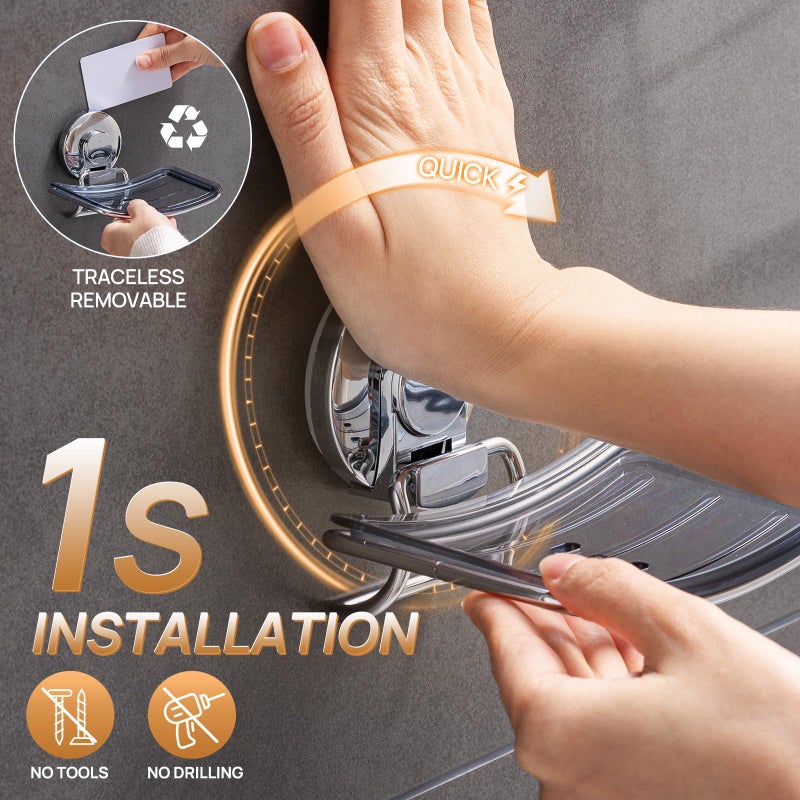 LEVERLOC Chrome Suction Cup Soap Dish Holder for Shower Wall Drill-Free Rustproof Waterproof Wall Mount Strong Suction Removable Bar Soap Sponge Holder for Bathroom Bathtub Kitchen - Image 3